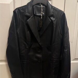 NEW Black Women's Faux Leather Blazer Jacket